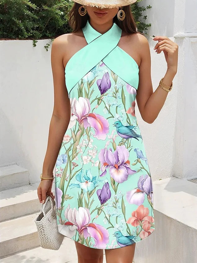 Women's Backless Cross Halter Neck Mini Dress – Sleeveless, A-Line, Summer LADYLYS