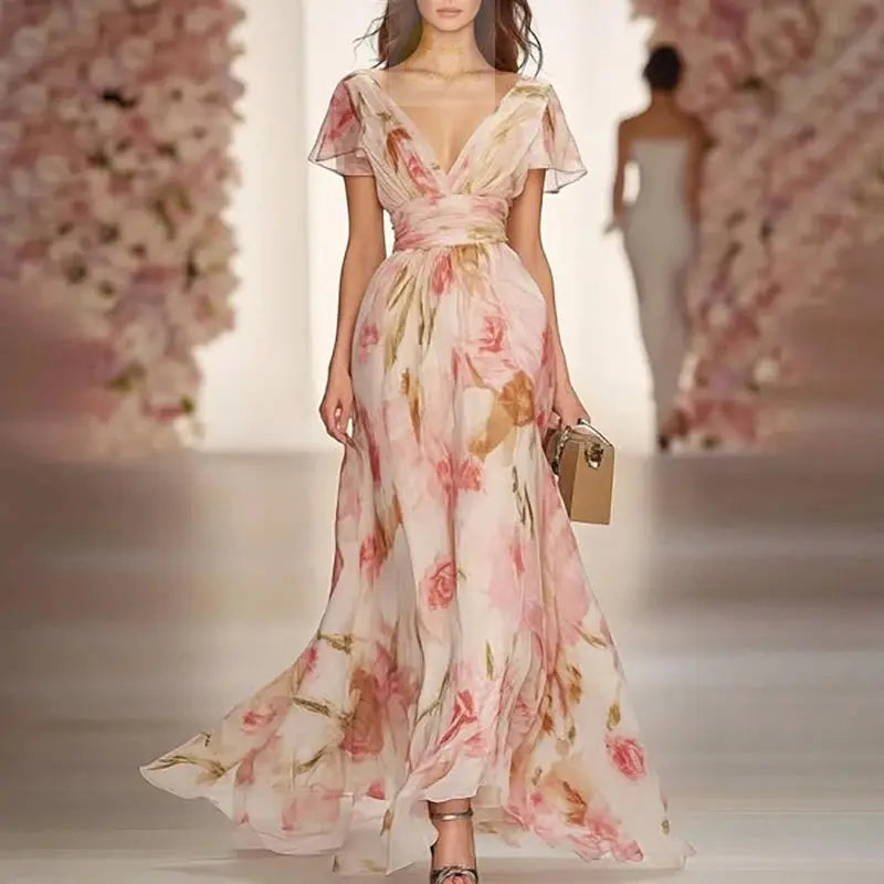 Boho Style Elegant Floral Print Long Dress Woman Spring V Neck High LADYLYS