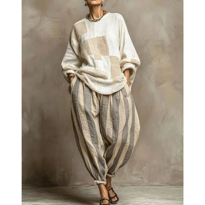 Women's Striped Patchwork 2-Piece Set – Loose Top & Harem Pants, Office Casual