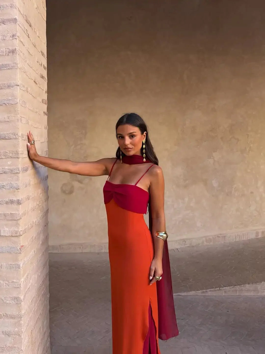 Blocking Scarf Collar Sling Dress Sexy Split Waist Cinching Bodycon Maxi Gowns LADYLYS