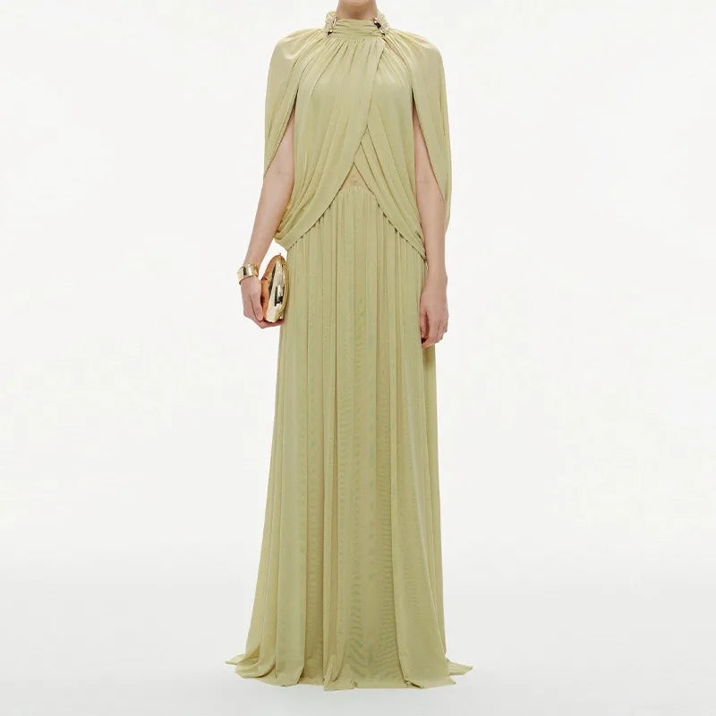 Chic Chiffon Pleated Maxi Dress Women Elegant Flutter Sleeve Turtleneck LADYLYS