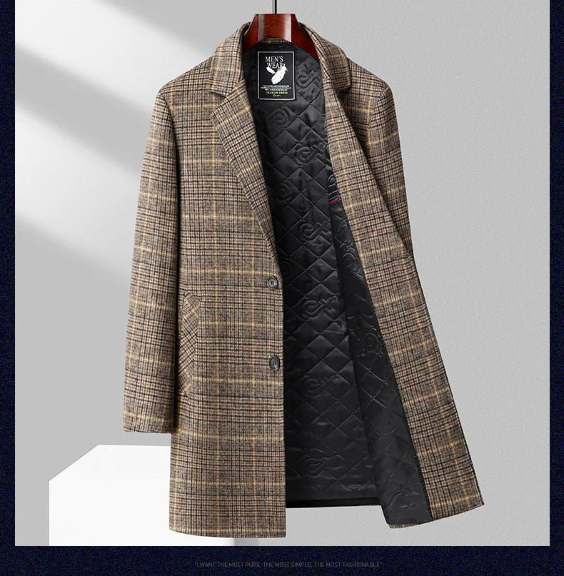 Men's Plaid Cashmere Trench Coat – Business Casual, Winter Luxury Outerwear