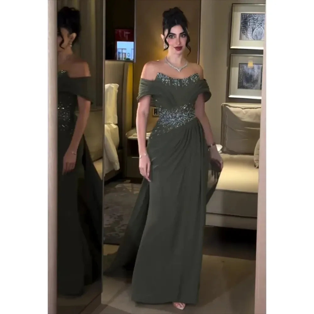 Off-Shoulder Chiffon Mermaid Evening Gown with Crystal Detail