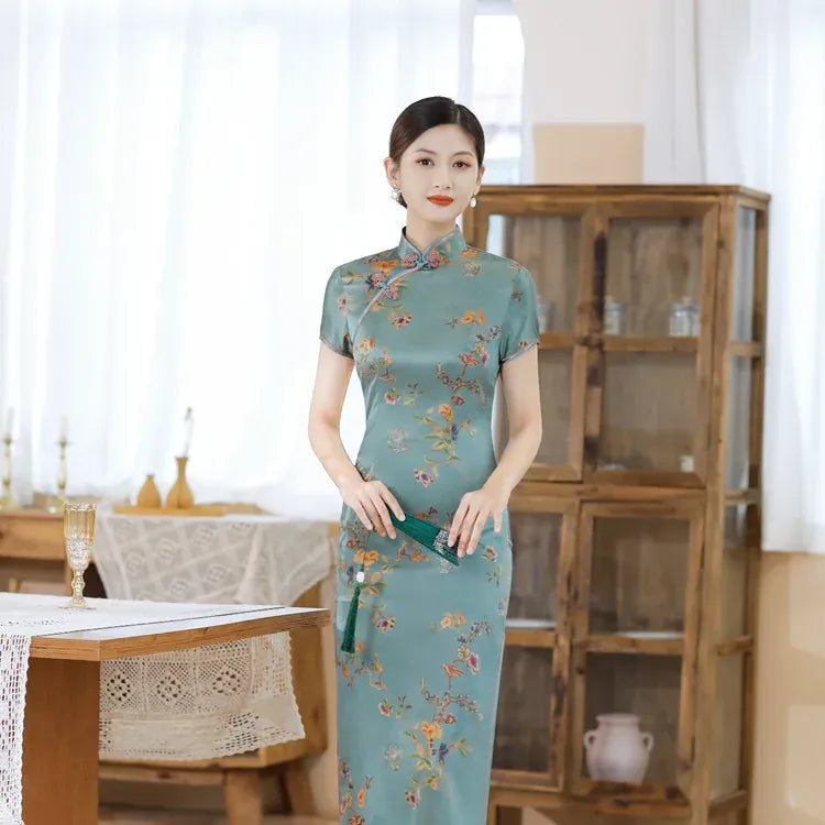 Printed Short-Sleeve Qipao-Inspired Midi Dress