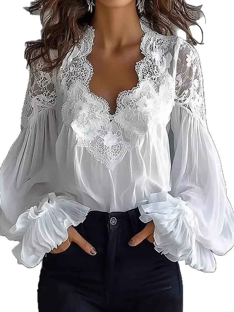 Blouse Solid Elegant Sexy V-neck Lace Splicing Lantern