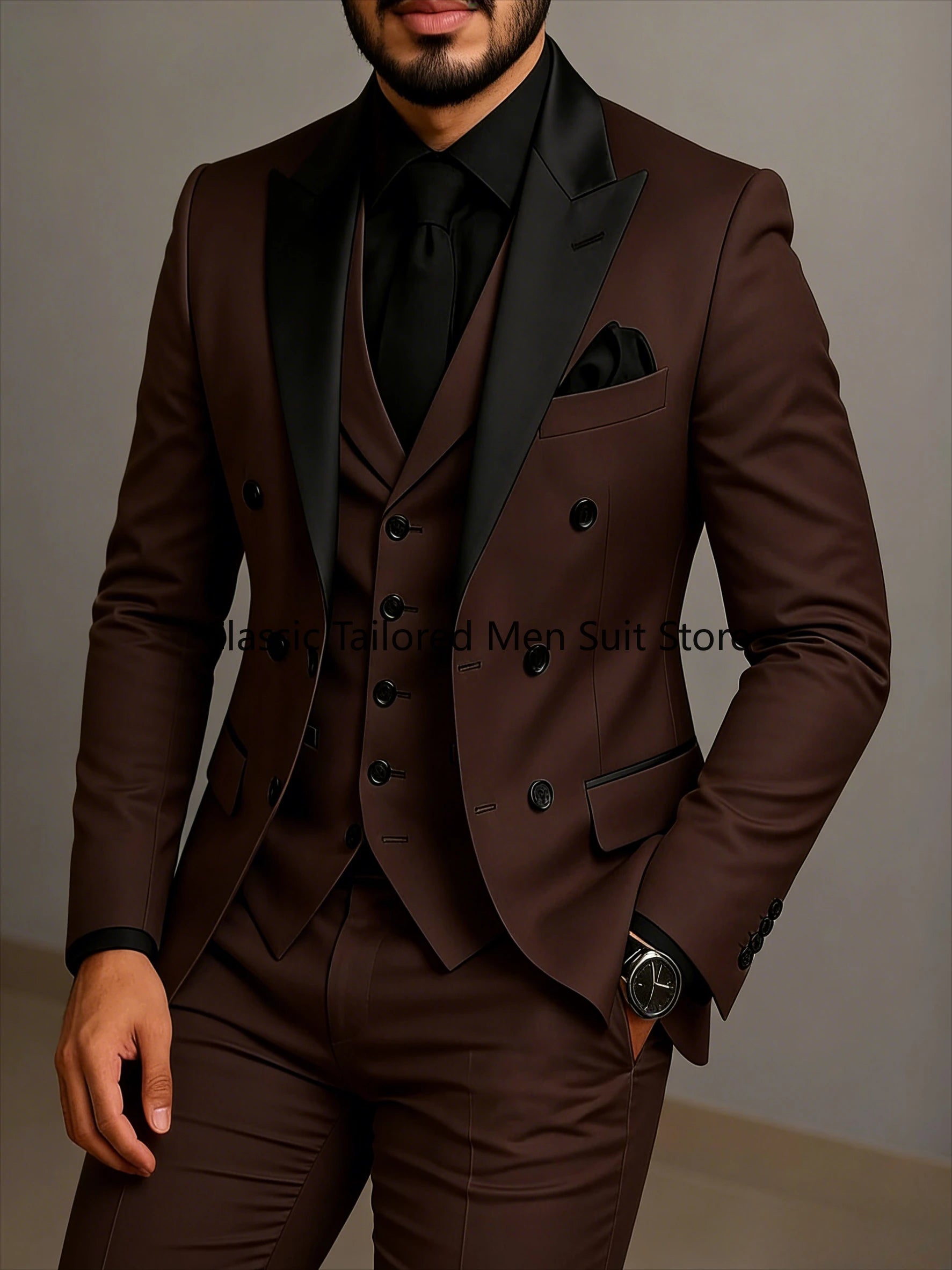 Beige Double Breasted Black Lapel  Slim Fit Wedding Suit LADYLYS