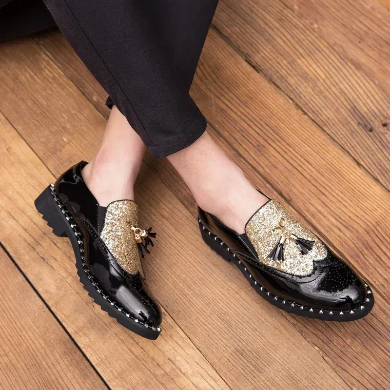 Men's Sequin Loafers in Black & Black Gold