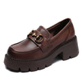 Women's Genuine Leather Loafer Pumps – Thick Square Heel Platform Slip-On with Metal Detail