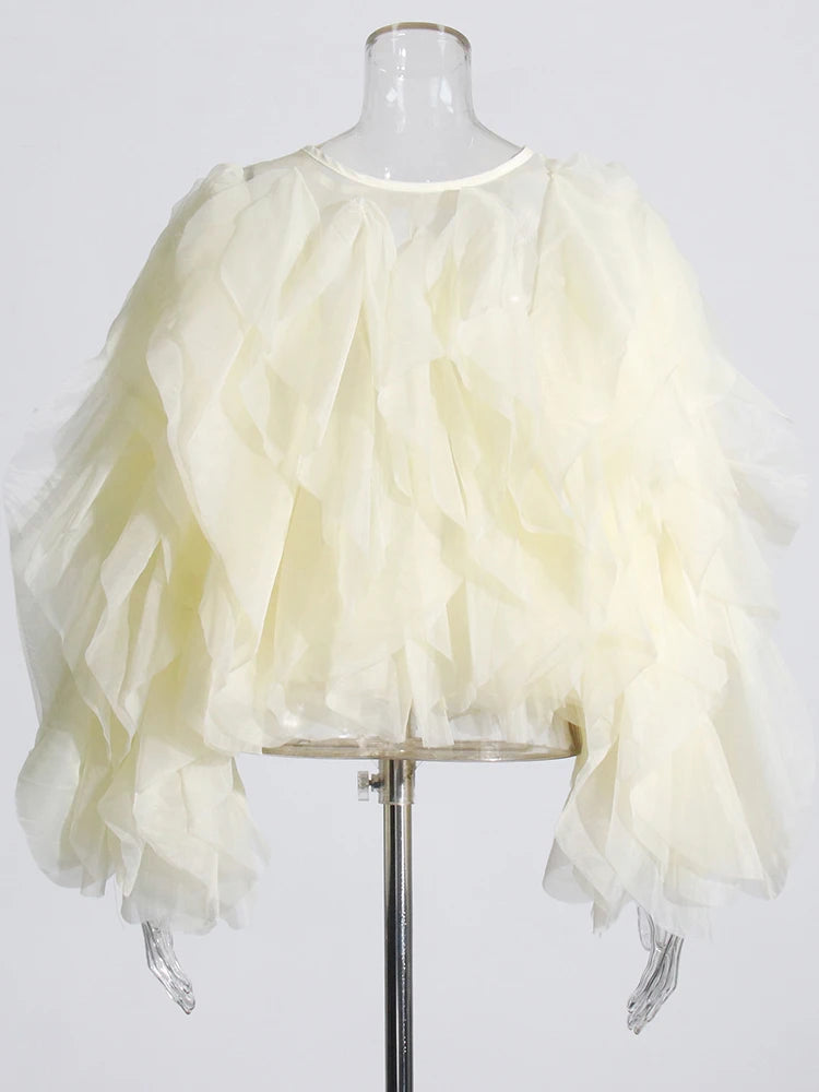 Vintage Patchwork Ruffle Shirt For Women O Neck Lantern Long Sleeve Solid Elegant Blouse