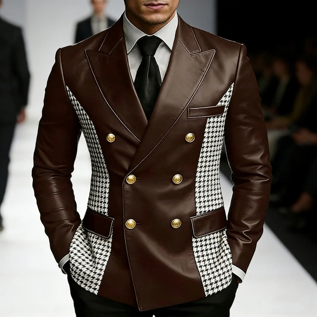 Leather Blazer With Houndstooth Sides Vintage Two-Tone Double Breasted LADYLYS