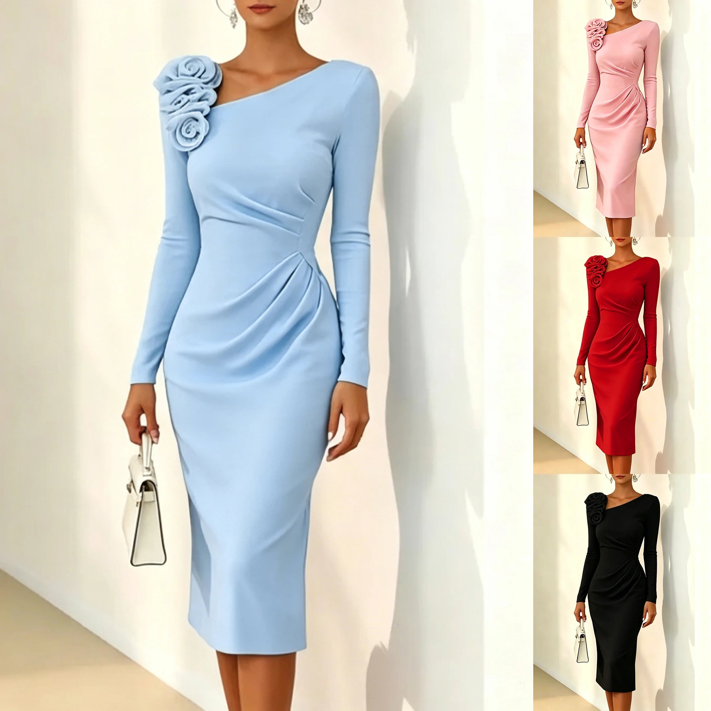 Long Sleeve Slim Dress – Skew Collar, Bodycon Fit, Elegant Evening