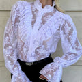 Lace Ruffled Printed Shirts Female See-Through Patchwork Lace-Up Long Sleeve