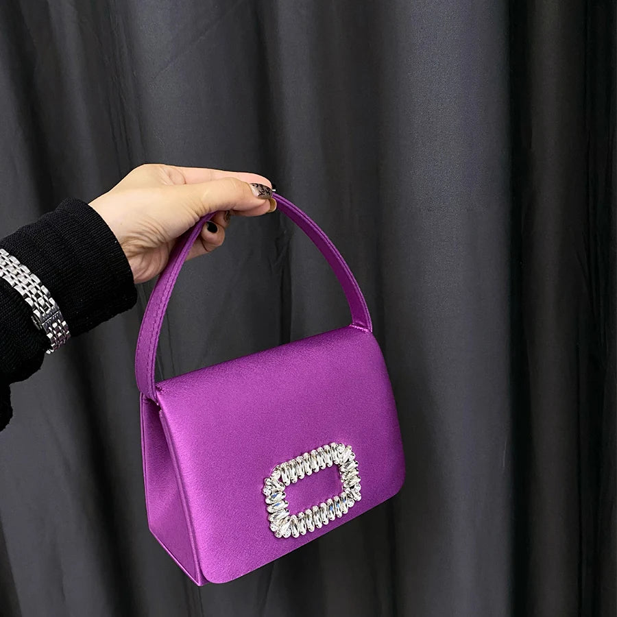Luxury Diamond Square Button Evening small Bag Clutch Purses Satin Rhinestone LADYLYS