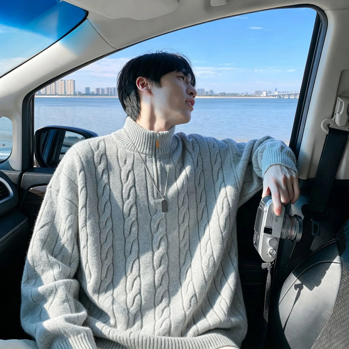 Men's Striped V-Neck Knit Sweater
