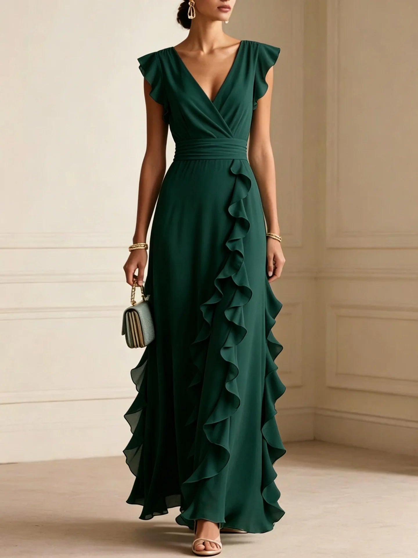 Women's Elegant Ruffle Sleeveless V-Neck Maxi Dress – Bohemian Party & Evening Gown