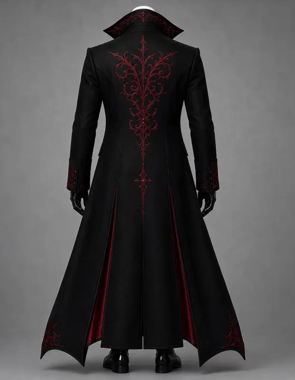 Men's Gothic Three-Piece Suit with Red Floral Embroidery