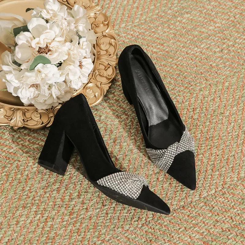 Chunky Heel Pointed Toe Black Rhinestone High Heel Women's Work Shoes Plus Size Pumps LADYLYS