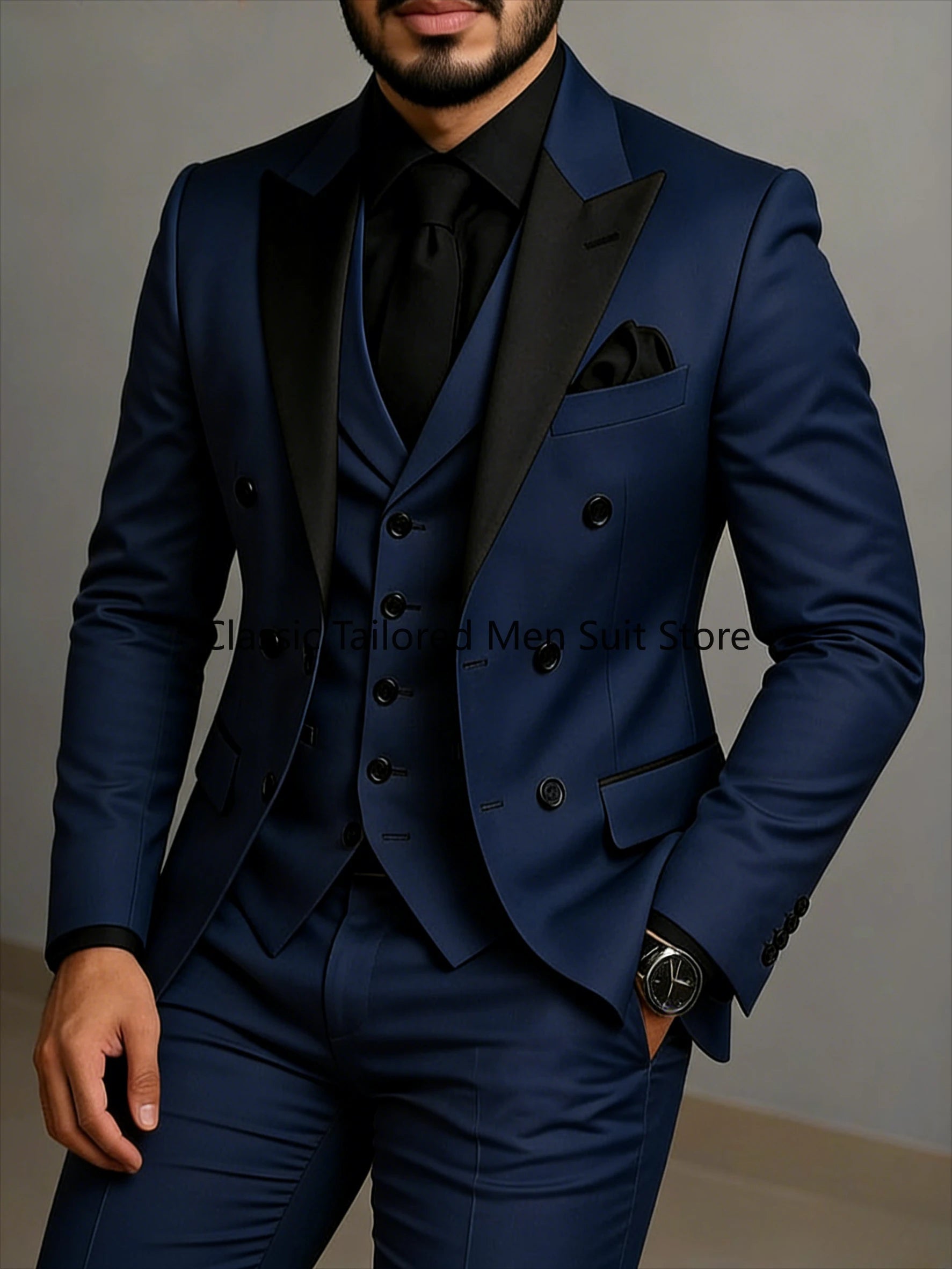 Beige Double Breasted Black Lapel  Slim Fit Wedding Suit LADYLYS