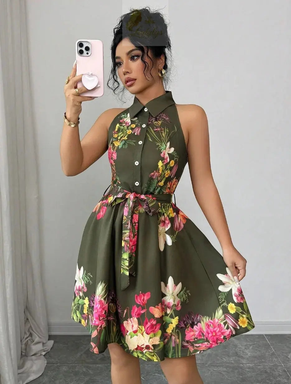 Printed Waist Halterneck Tie Dress Elegant LADYLYS