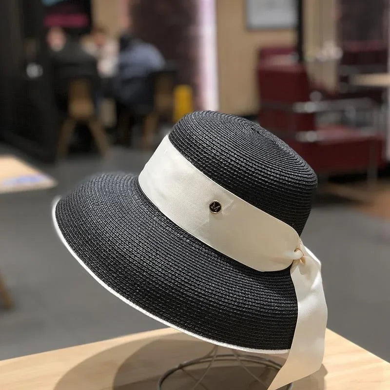 French Retro Straw Sun Hat with Bow Detail - Hepburn Style Elegant Wide Brim LADYLYS