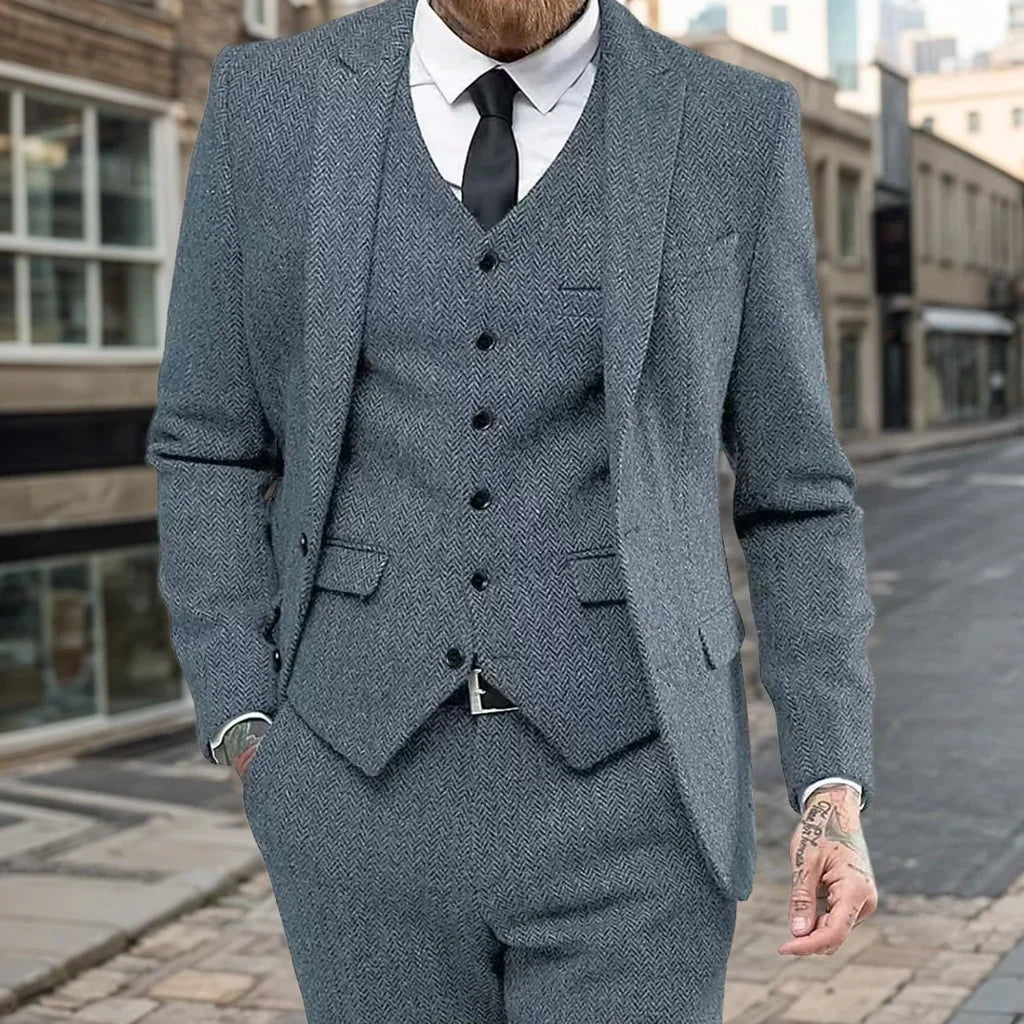 Men's Slim-Fit Herringbone Three-Piece Suit