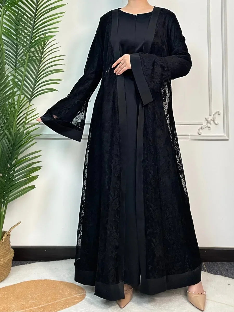 Ramadan Eid Prayer Lace Abaya 2 Piece Set Inner Dress LADYLYS