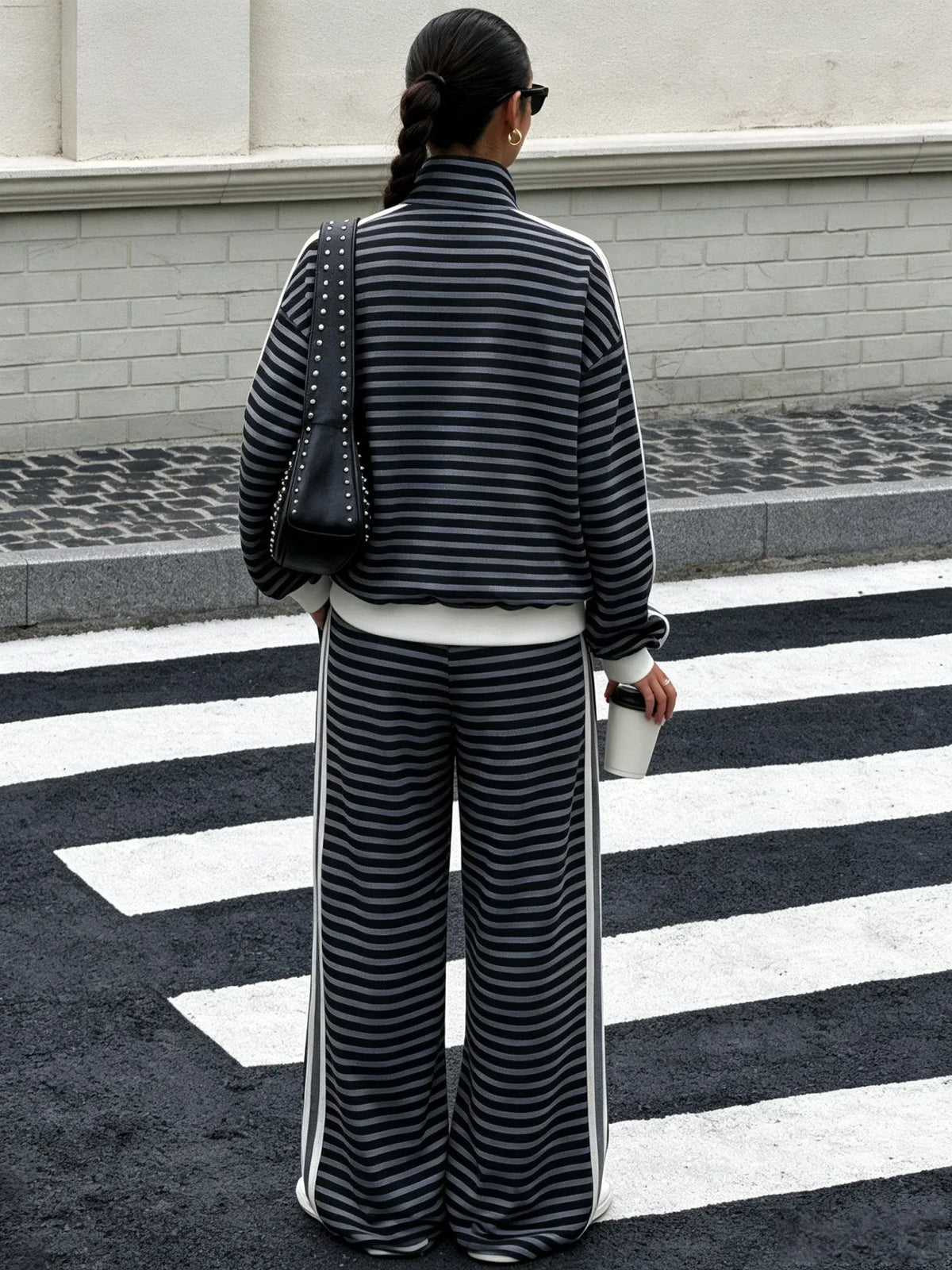 Women's Polka Dot Zip-Up Jacket & Wide-Leg Trousers Set