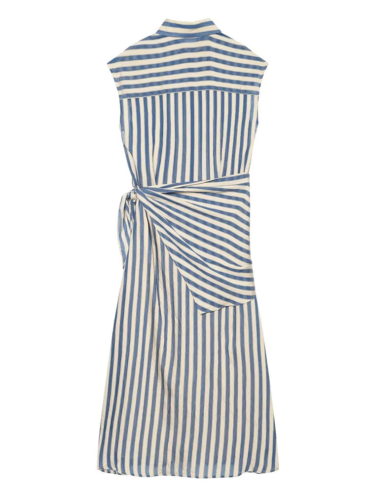 Striped Sleeveless Shirt Dress – Single-Breasted Detachable Waist Tie Maxi Dress