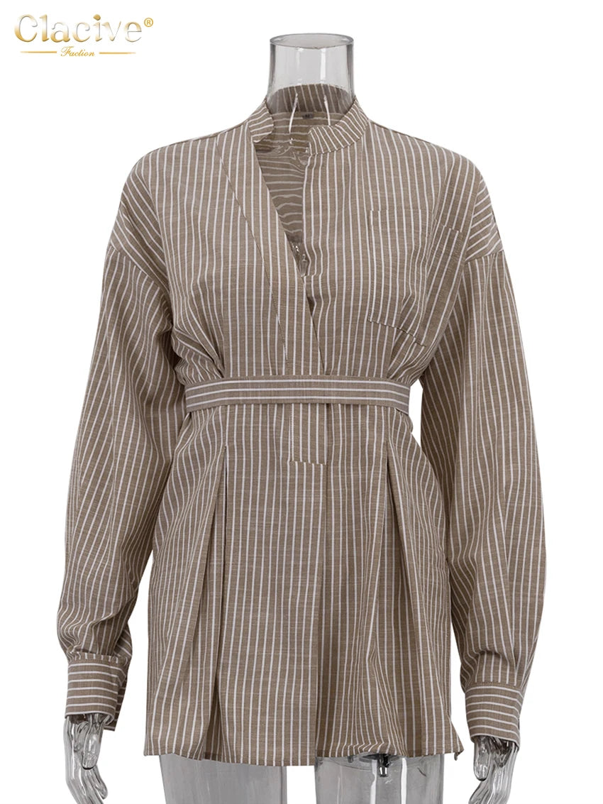 Clacive Vintage Loose Brown Stripe Women Shirts Collar Long Sleeve Shirt Elegant