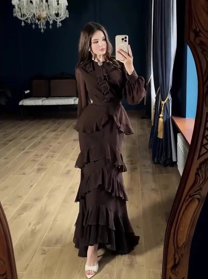 Women's Elegant Layered Ruffle Maxi Dress with Long Sleeves and Belt