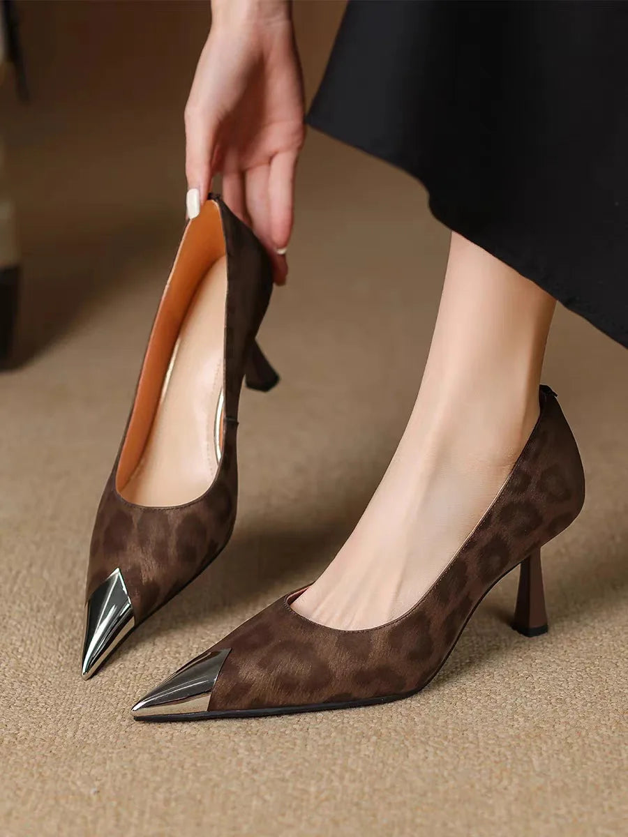 French Retro Leopard Print Heels – Pointed Toe, Slim High Heel, Shallow Cut