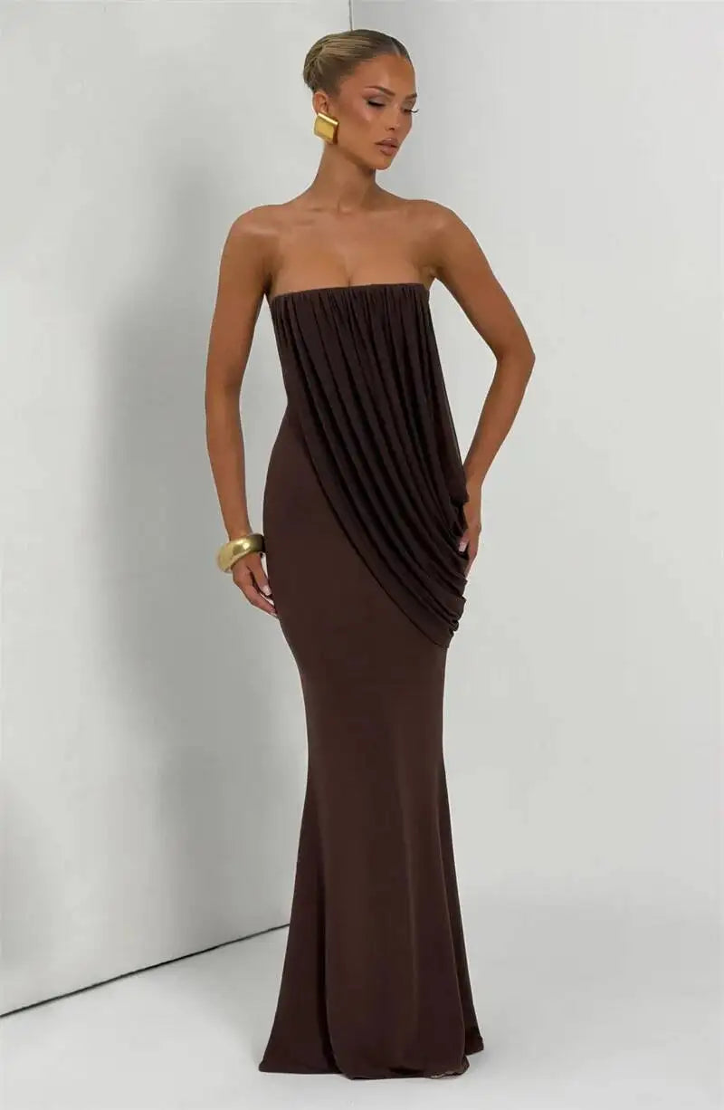 Mesh Backless Off-Shoulder Maxi Dress – Ruched High Waist Slim Evening Gown