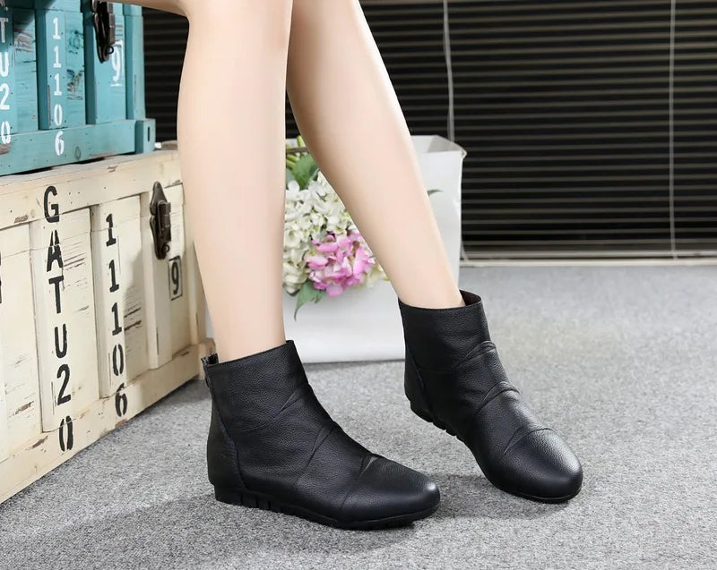 Women's Genuine Leather Platform Ankle Boots – Zip-Up Wedge Booties with Plush Option