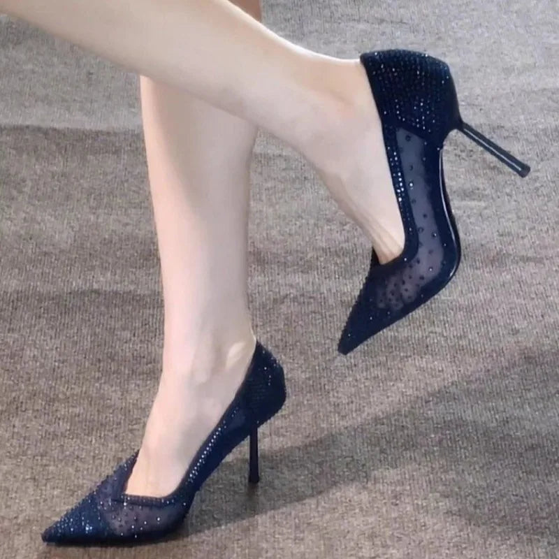 Women's Rhinestone Mesh Stiletto Pumps – Pointed Toe Slingback Heels