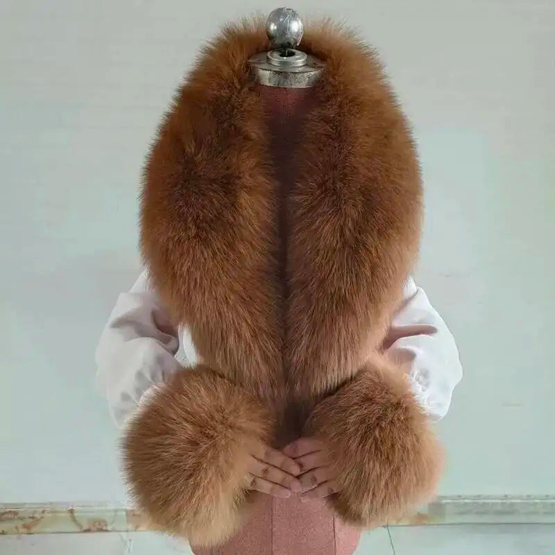 Women's Real Fur Collar and Cuffs Set, Fluffy Winter Scarf