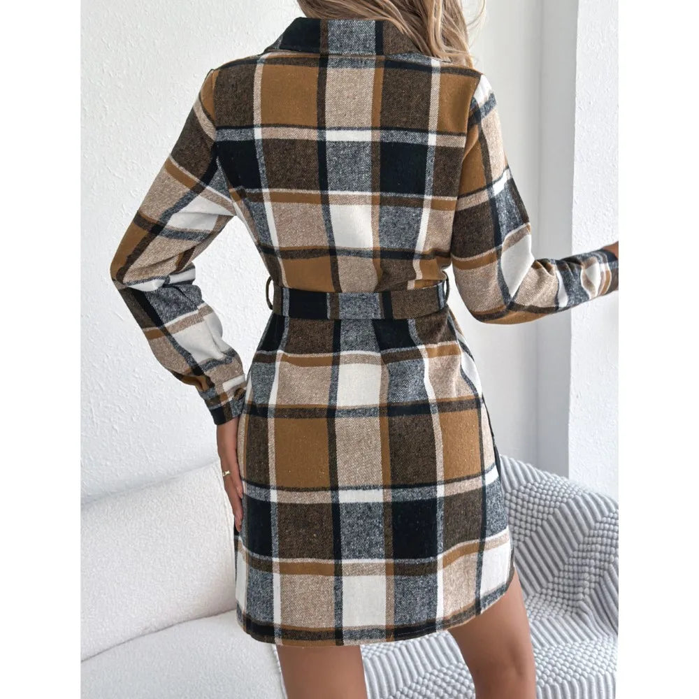 Women's Plaid Shirt Dress – Long Sleeve Belted A-Line Knee-Length Dress | Retro Casual Style