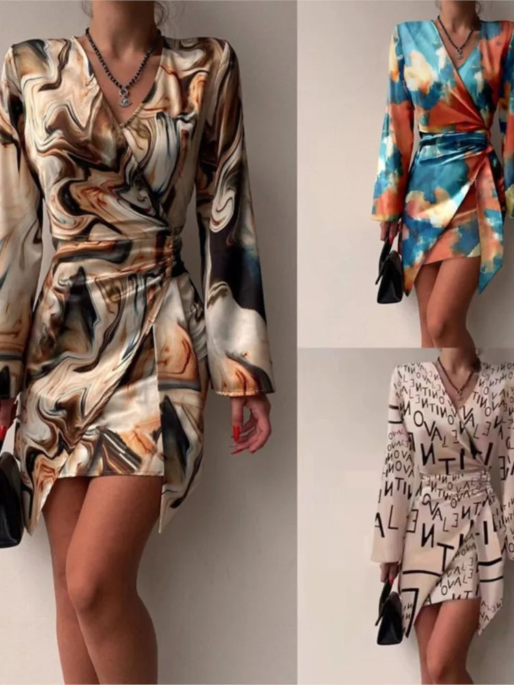 Long Sleeved Fashionable Printed Pleated Dress Sexy V-neck Irregular Casual Short Dress