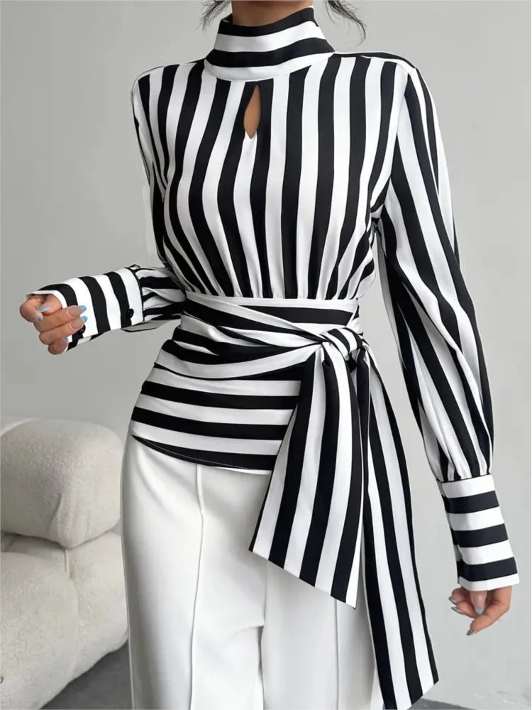 Fashion Trendy Women Black White Contrast Striped Shirt Autumn New Retro Scarf Collar Long-sleeved Elegant Female Pullover Shirt LADYLYS