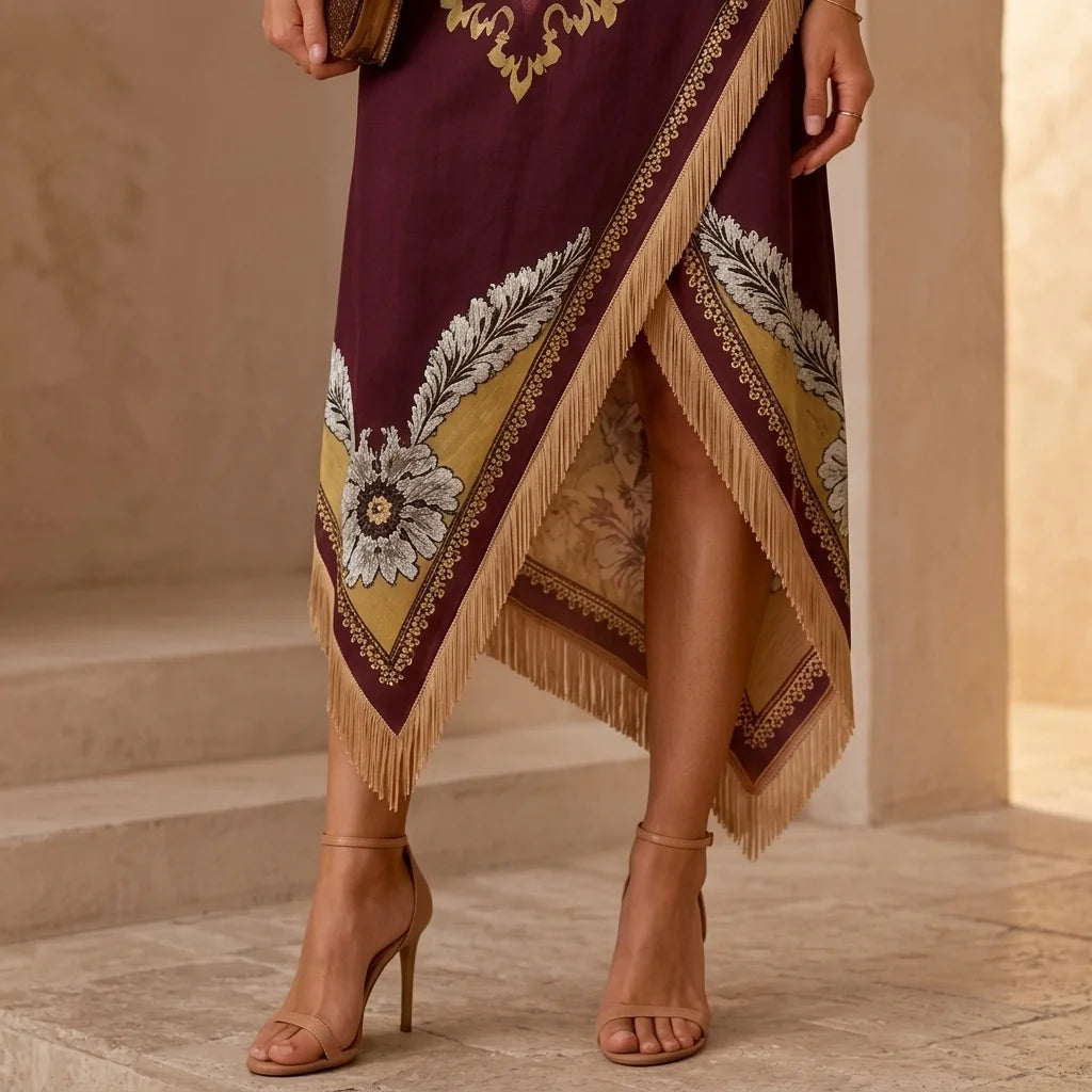 Women's Bohemian Scarf Print Midi Dress – Sleeveless Asymmetrical Handkerchief Hem with Fringe | Elegant Summer Dress