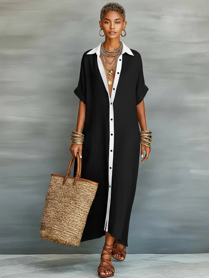 Patchwork Button Shirt Midi Dress – Short Sleeve Loose Beach Vacation Dress