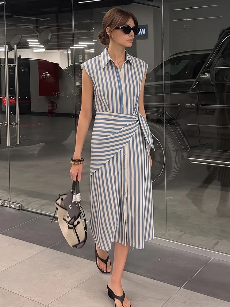 Striped Sleeveless Shirt Dress – Single-Breasted Detachable Waist Tie Maxi Dress