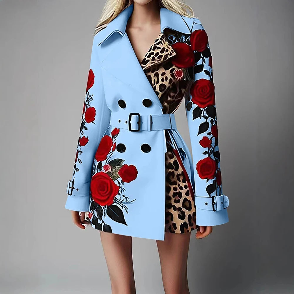 Chic Trench Coat Red Rose Leopard Print Double Breasted Belted Lapel Long LADYLYS