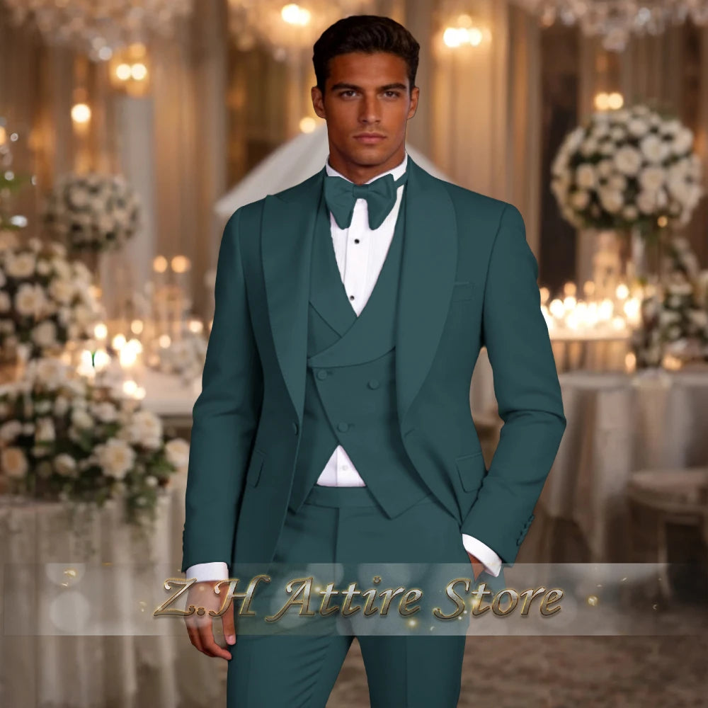 Elegant men's 3pcs suit spliced satin lapel jacket vest pants LADYLYS