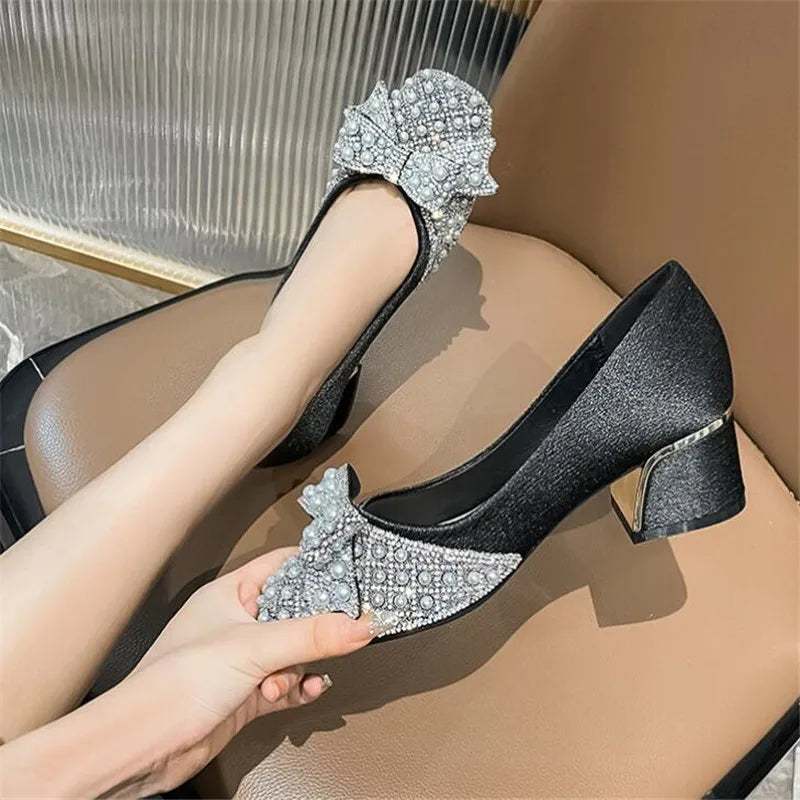 Fashion Thick Heel Square Toe Rhinestone Shallow Mouth Women Shoes Large Size 43 LADYLYS
