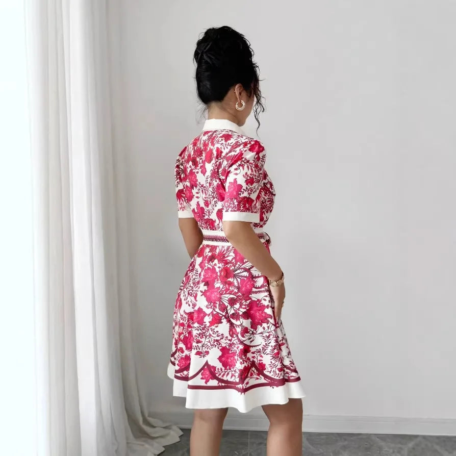 Printed Tie-Waist Shirt Dress – Short Sleeve A-Line Knee-Length | High Street Y2K Style