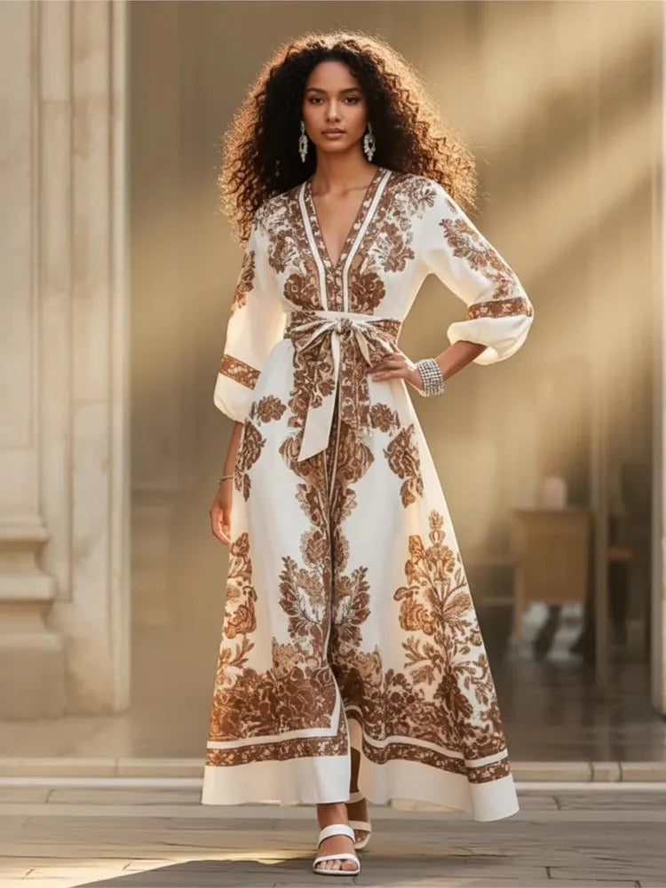 Bohemian Print Long Dress – V-Neck Lantern Sleeve Belt Waist | Casual Vacation Maxi