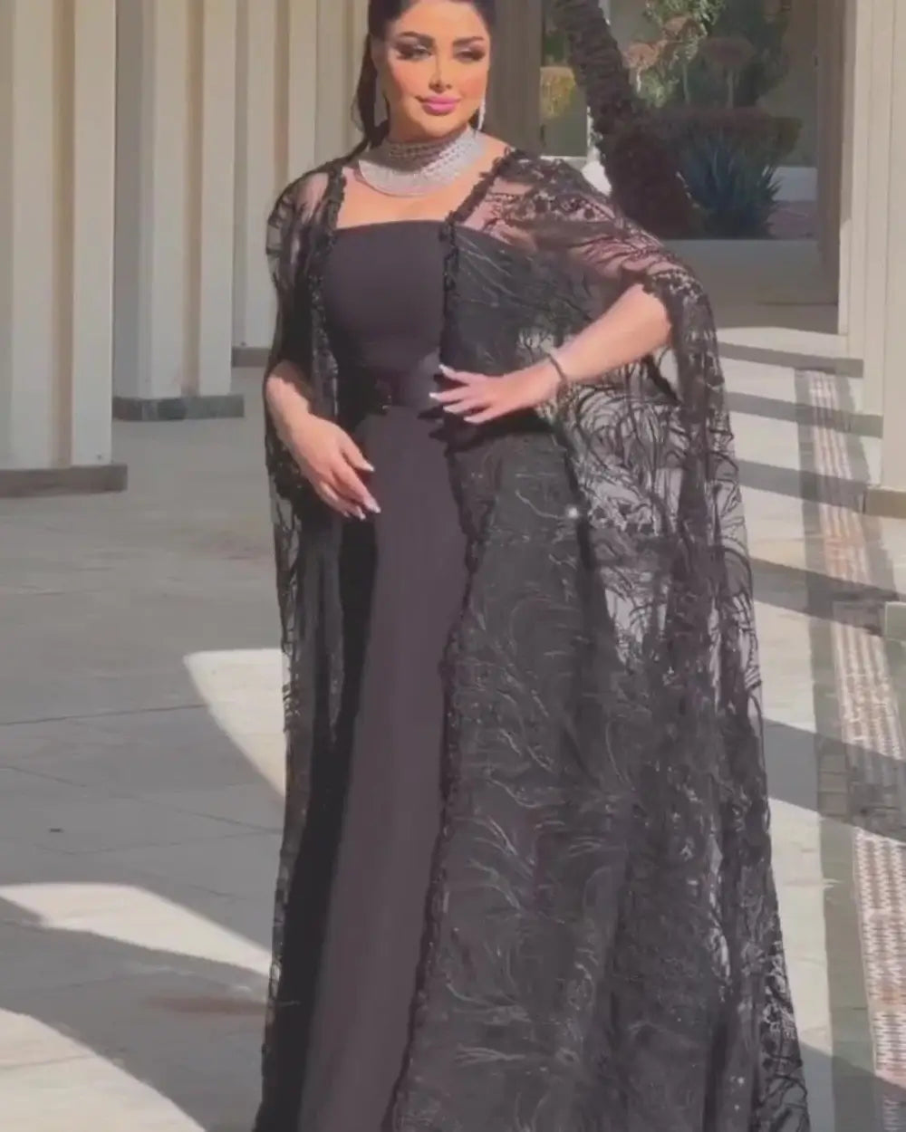 Chiffon A-Line Formal Gown with Square Neck and Lace Stole