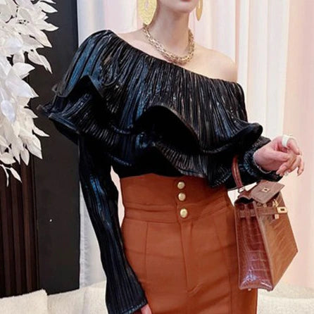 Camisas Solid Slash Neck Ruffled Long Sleeve Sexy Shirts Vintage Blouses