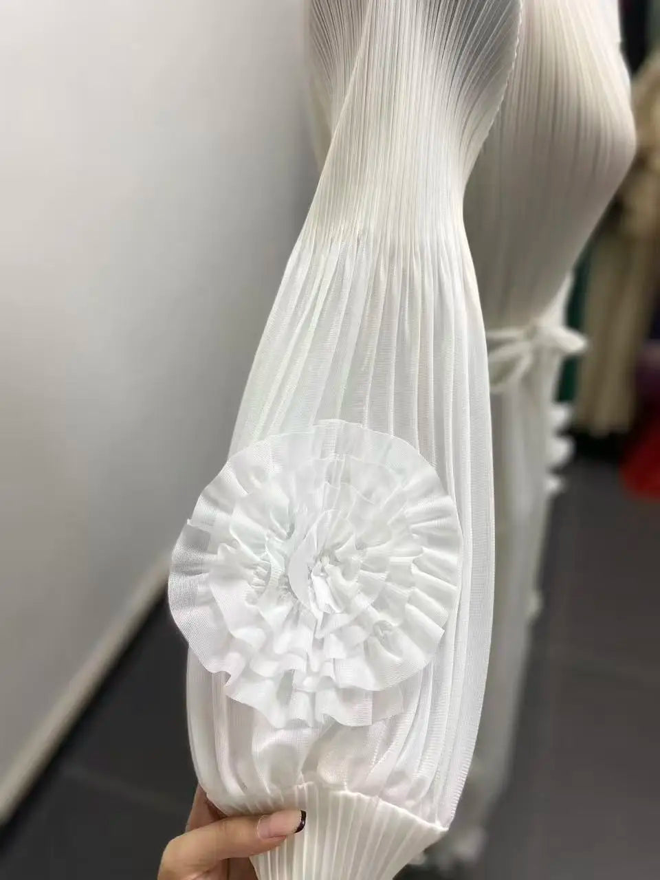 Women's Miyake Pleated Tiered Maxi Dress – Petal Sleeve Belted Long Dress | Elegant African Style