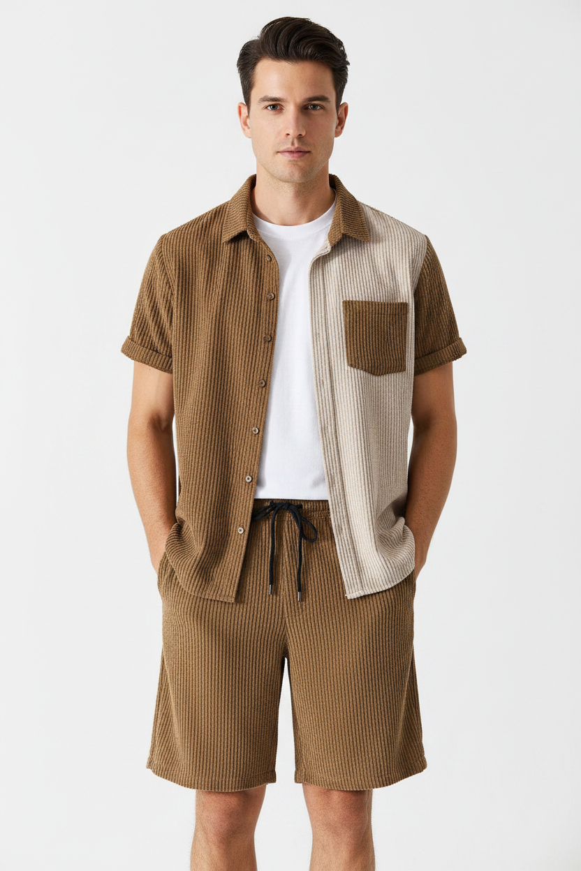 Men's spliced corduroy two-piece set - front view on model